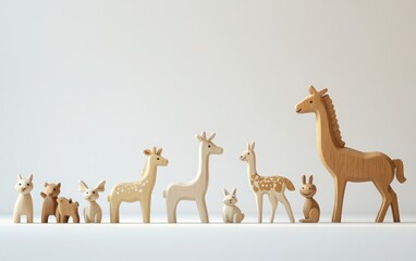 Fototapeta premium A row of wooden animal toys, including an alpaca, horse, deer, giraffe, monkey, rabbit, and dog, with smaller animals beside them, all standing on a white background. 