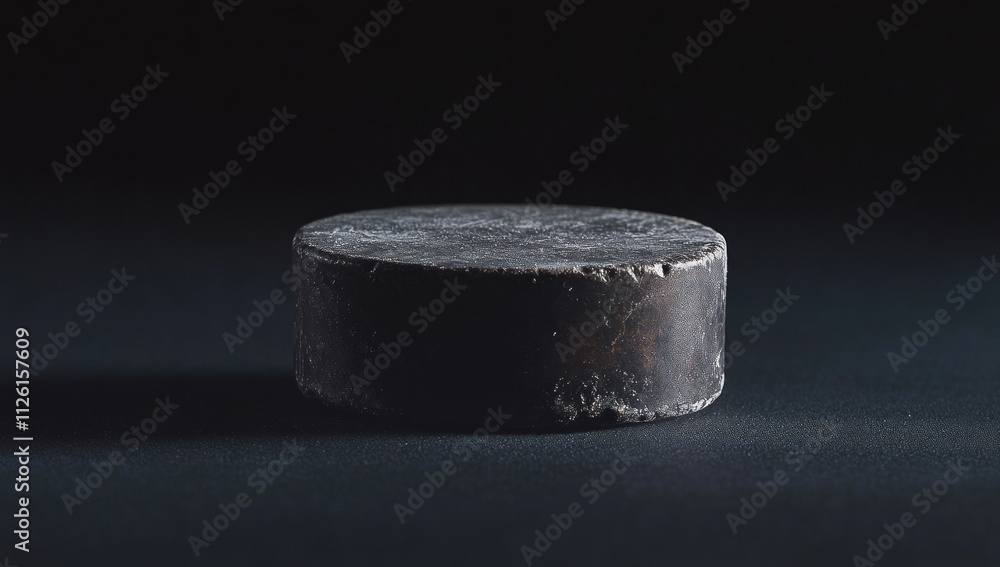 Poster a black hockey puck resting on a dark surface, highlighting its circular shape and texture.