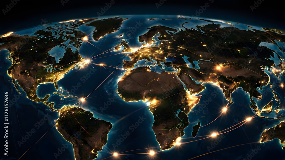 Poster global network at night: a stunning, photorealistic rendering of the earth at night, illuminated by 
