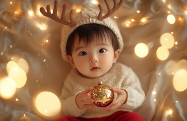 Naklejka premium Adorable baby boy wearing festive outfit with Christmas ornament