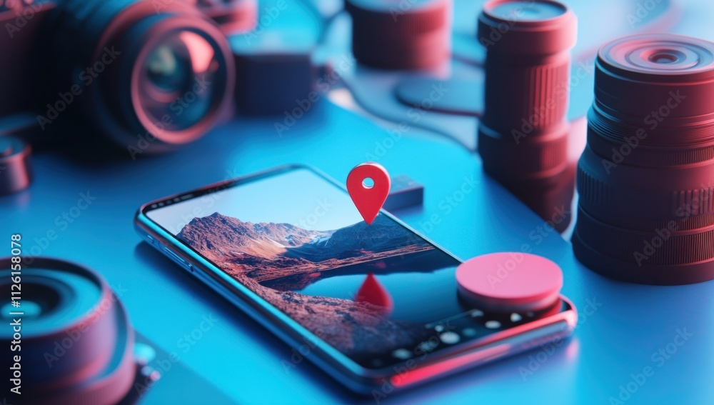 Poster A smartphone displaying a landscape with a location pin, surrounded by camera equipment.