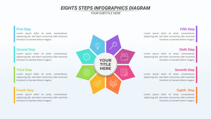 Diagram Infographic with 8 Options and Editable Text on a 16:9 Layout for Business Presentation, Poster, Banner and Booklet.