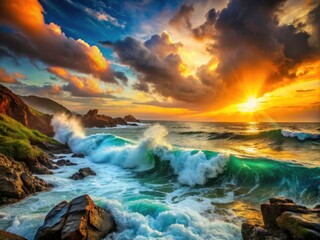 Naklejka premium Ocean Art: Waves, Seascape, Underwater, Blue, Coastal, Marine Life, Surreal, Abstract, Painting, Digital Art, Sea, Ocean Photography, Water, Beach, Sunset, Sunrise, Landscape, Nature