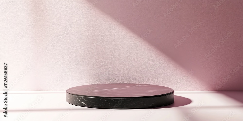 Poster a minimalist display platform with a circular shape against a soft pink background.