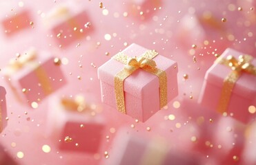 Fototapeta premium Golden gift boxes and confetti for birthday celebration on pink