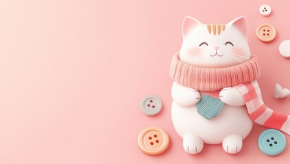A cute, chubby cat figurine wearing a scarf, surrounded by colorful buttons on a pastel background.