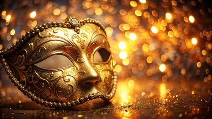 Venetian Golden Mask On Shiny Defocused Background
