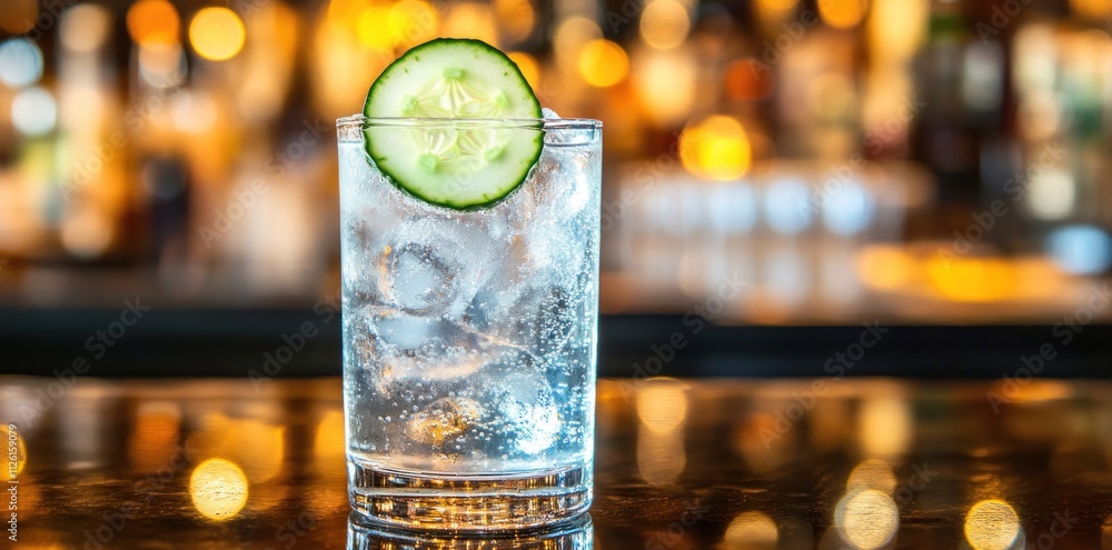 Poster a refreshing drink with cucumber garnish on a bar counter, surrounded by a blurred background.