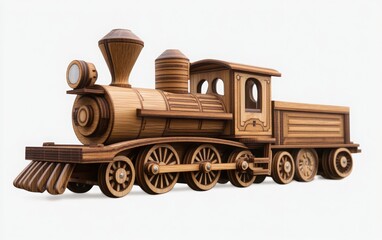 Obraz premium A wooden toy train with exceptional detail, photographed in ultra-realistic style, isolated on a white background with a clipping path. 