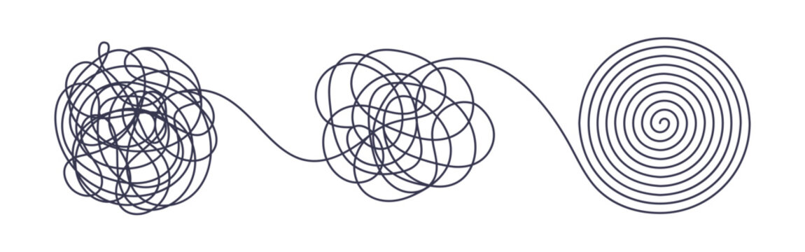 Chaos and order business concept flat style design vector illustration isolated on white background. Tangled disorder turns into spiral order line, find solution. Coaching, mentoring or psychotherapy.
