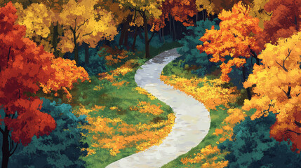 Obraz premium winding path through vibrant autumn forest, surrounded by colorful foliage and golden leaves, invites exploration and tranquility. serene atmosphere enhances beauty of nature