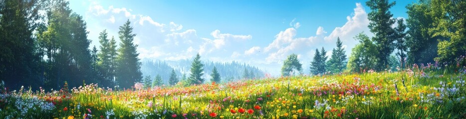 A vibrant meadow filled with colorful flowers under a bright blue sky and lush trees.