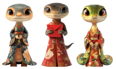 Chinese lunar new year cute snake wearing cheongsam qipao dress isolated on transparent background