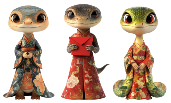 Chinese lunar new year cute snake wearing cheongsam qipao dress isolated on transparent background