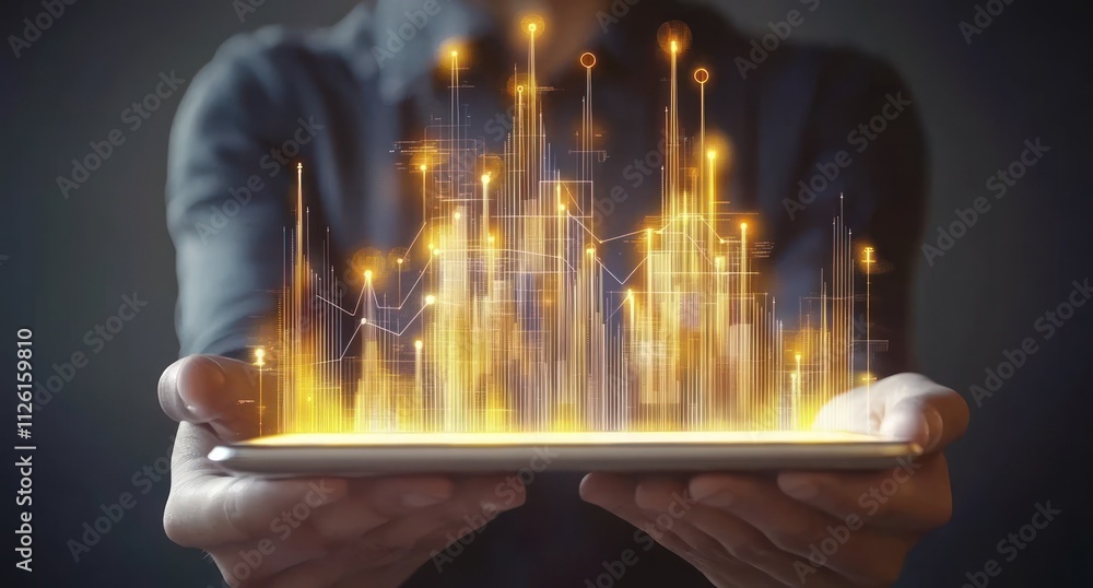 Poster A person holds a tablet displaying vibrant data visualizations and graphs.