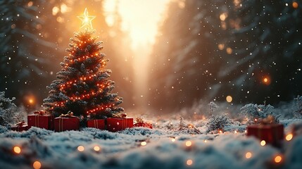 Naklejka premium A Festive Christmas Tree in a Snowy Winter Forest