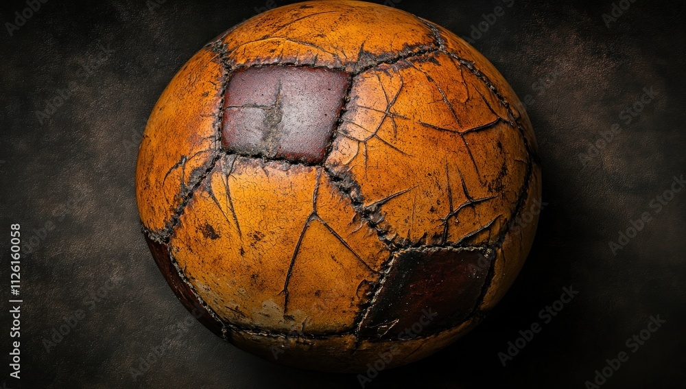 Poster an old, worn soccer ball with visible stitching and a textured surface.