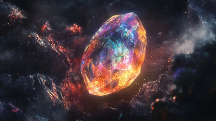 vibrant, iridescent crystal glows amidst dark, cosmic background, showcasing spectrum of colors that evoke sense of wonder and mystery