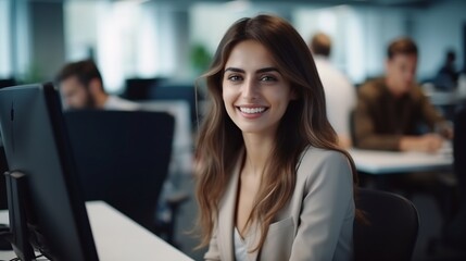 Successful Young Businesswoman Smiling While Using Computer in Modern Office Environment