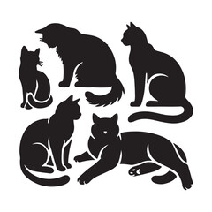 Group of cat silhouettes, Cat silhouette vector, Sitting cat, Sleeping cat, Walking cat,