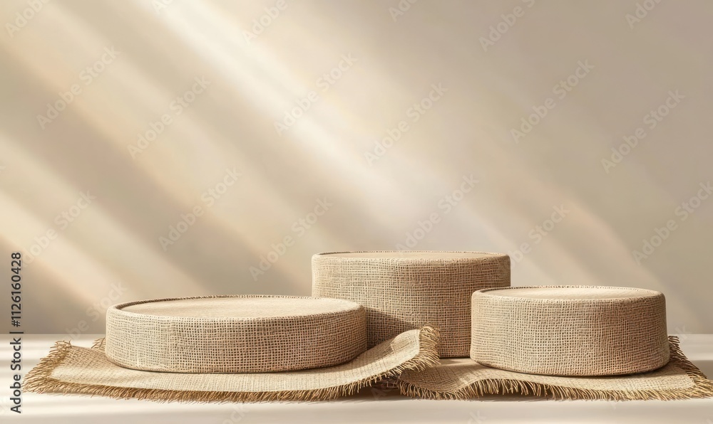 Aufkleber three textured, round, natural-colored hats displayed on a smooth surface with soft lighting.