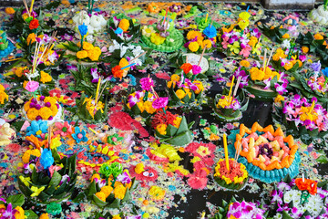 Fototapeta premium Waste in water after Loy Kratong Festival in Thailand