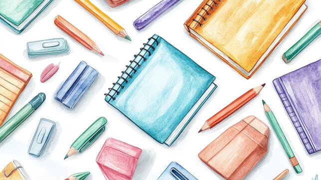A colorful arrangement of stationery items including notebooks, pens, and erasers.