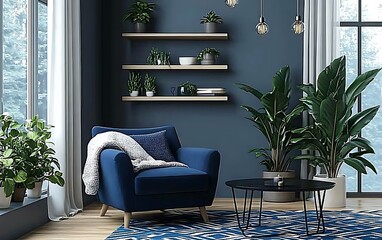 Cozy blue armchair in winter room with plants and shelves.