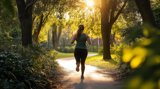 Young woman jogging in city park at sunse