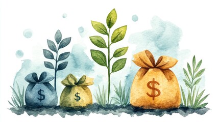 A watercolor illustration of money bags with plants, symbolizing growth and prosperity.