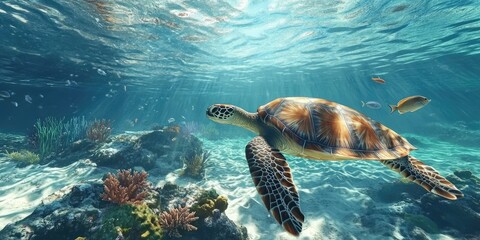 Turtles in the water, turtles swimming leisurely in the sea, there are corals and marine plants on the seabed, some tropical fish swimming around, the sea water is clear