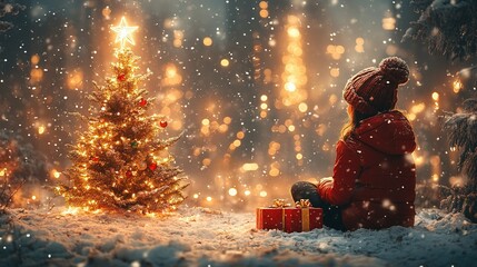 Child admires a Christmas tree in the snowy woods