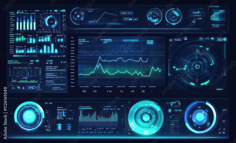 Poster a futuristic dashboard displaying data analytics and visualizations.
