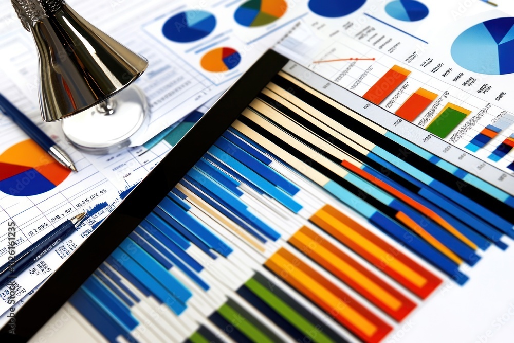 Aufkleber A collection of colorful charts and graphs on a workspace, highlighting data analysis.