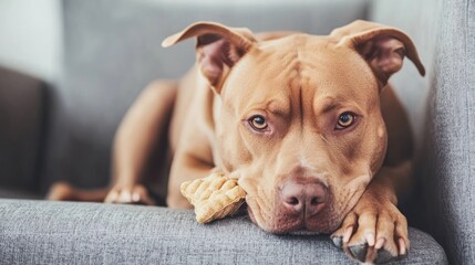 A relaxed dog resting on a couch, holding a treat.