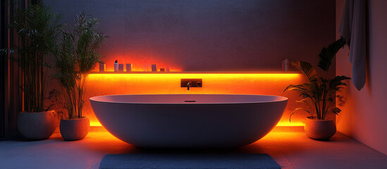 Modern luxury bathroom featuring a freestanding tub and ambient lighting