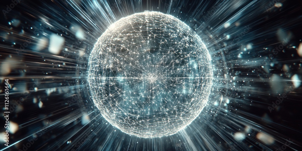 Poster a glowing sphere surrounded by dynamic light particles, suggesting energy or cosmic themes.