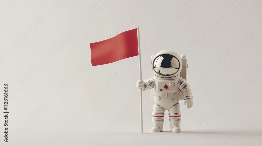 Poster a small astronaut figure holding a red flag against a simple background.