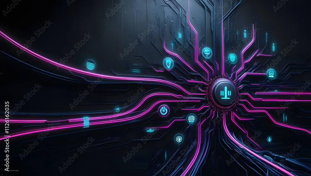 Aufkleber cybernetic nexus: abstract digital art depicting a futuristic, interconnected network of glowing pur
