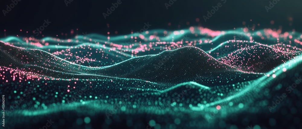 Poster abstract digital landscape with glowing particles in vibrant colors.