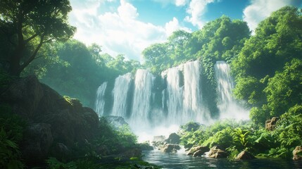 Fototapeta premium Serene Waterfall in Lush Tropical Paradise: A Breathtaking View of Nature's Majesty