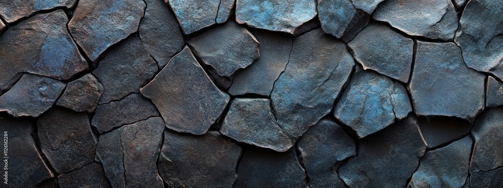 Poster a textured surface of dark, cracked stones creating an abstract pattern.