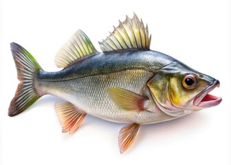Fototapeta premium Sea Bass Portrait Photography: Stunning White Background Images, High-Resolution Fish Photos