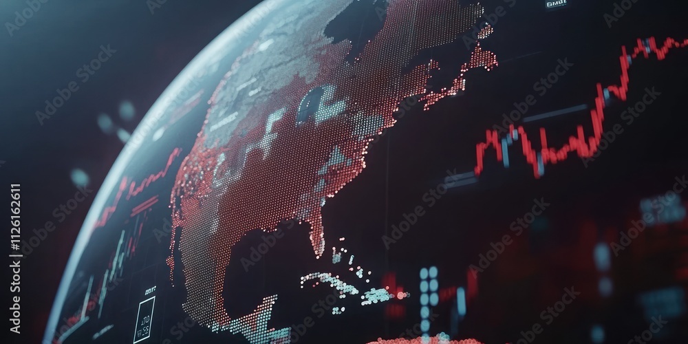 Poster a digital globe highlighting data trends and statistics, emphasizing economic activity.