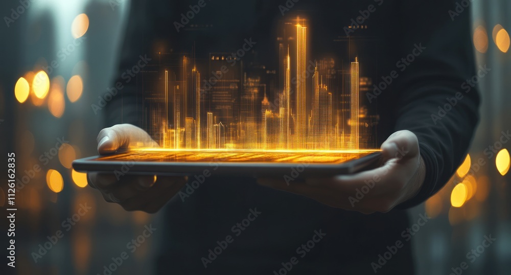 Poster a person holds a tablet displaying glowing digital cityscape graphics.