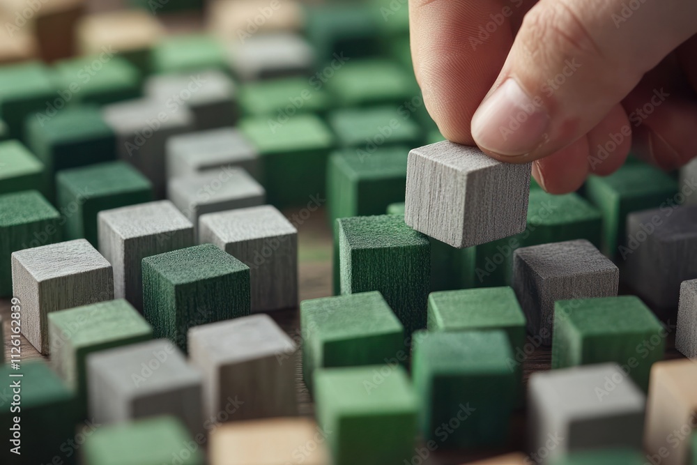 Aufkleber A hand selecting a cube from a group of green and gray wooden blocks.