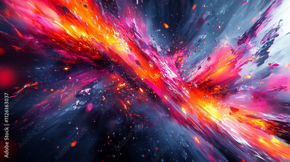 Sticker dynamic abstract painting with explosive red and blue tones suggesting a fierce celestial event