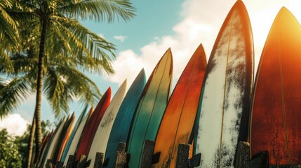 Colorful Surfboards Lean Against a Palm Tree