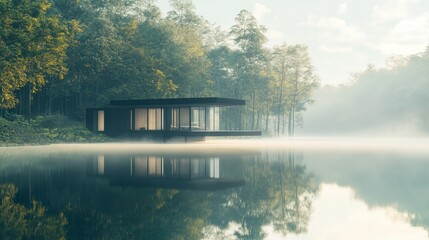 Fototapeta premium A contemporary home reflecting on a serene lake, surrounded by the soft fog of a dense forest.
