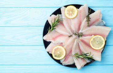 Raw tilapia fillet photography . Top view